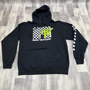 ✅Mens L MTV Black Graphic Print Hoodie Pullover Sweatshirt Checker Sleeve Design